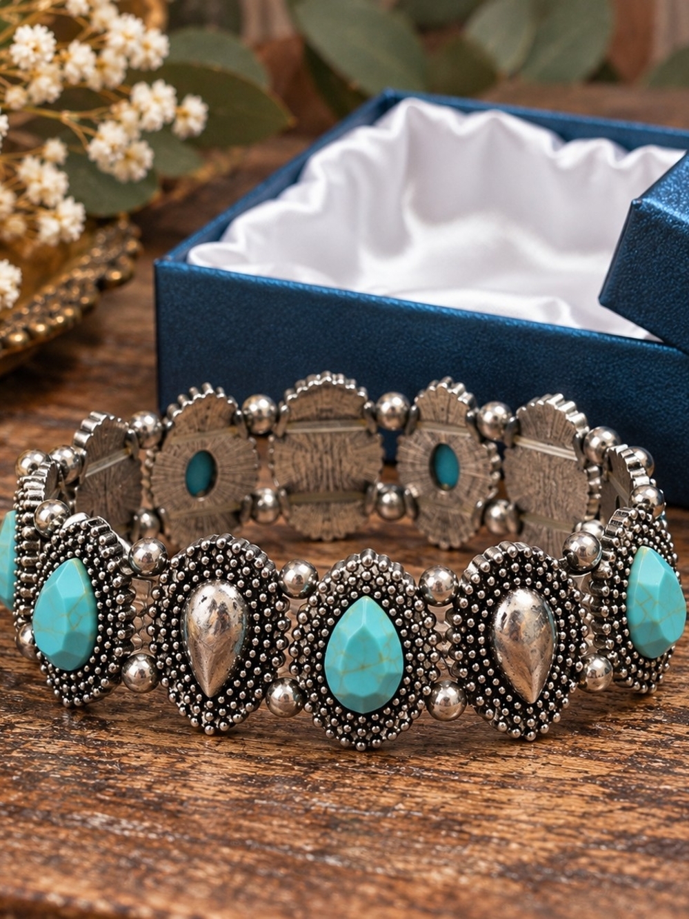 Boho Turquoise Statement Bracelet Heavy Silver Tone Teardrop Stretch Cuff